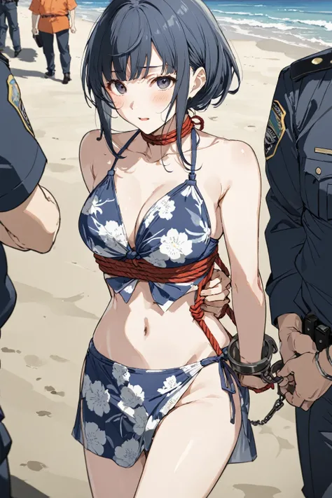 masterpiece, amazing quality, best quality, high resolution, 4K, 8K, UHD, Ukiyoe art styles, by rella, by Yoneyama Mai, by Tsukimaro 1 embarrassed woman at the beach, trendy bikini, arrested by police, in police custody, bound, bondage, hands behind back, ...