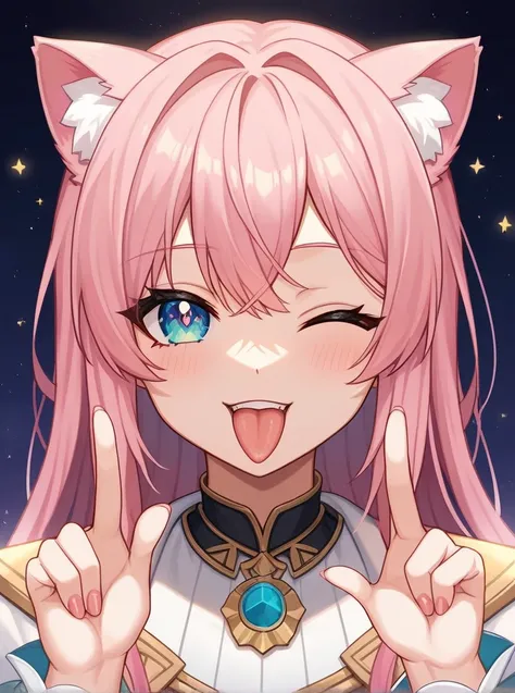 Adult, Female, long pink hair, oceanic eyes, winking, tongue out, vtuber, otaku bedroom, Masterpiece, Accurate, Anatomically Correct, Best Quality, High Details, Detail, Super Detailed, Best detail, Perfect detail, Amazing detail, [-3, 3], perfect fingers,...