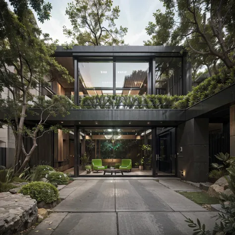 office building, (view from the street to the cave: 1.2), climbing plants, surrounding green trees, cool weather, modern style bedroom, large glass doors, (thermal landscape fragrant),