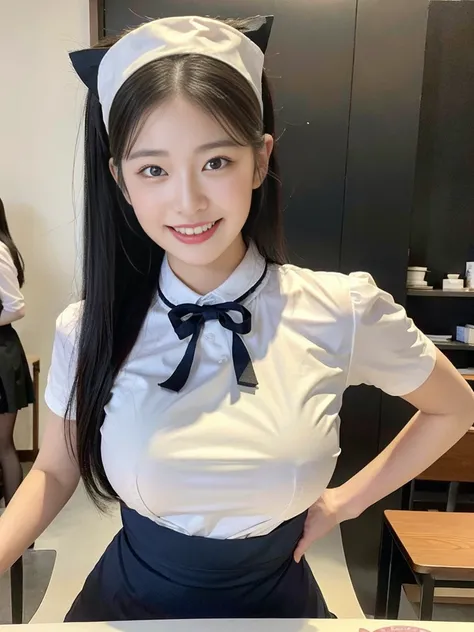 (Super cute Korean high school girl waitress photo:1.2)(grin,Smile)(Beautiful Sweat:1.1)(16K, RAW Photos, Highest quality, masterpiece: 1.2),(Beautiful black hair in a bun) Super detailed, Super Resolution, (Genuine, Genuine photos: 1.37), Portraiture, Hig...