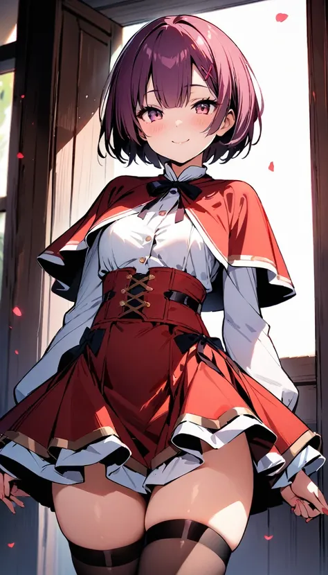 (masterpiece, best quality:1.2), cowboy shot, solo, 1girl, ayanokouji rem, smile, looking at viewer, long sleeves, capelet, red skirt, thighhighs