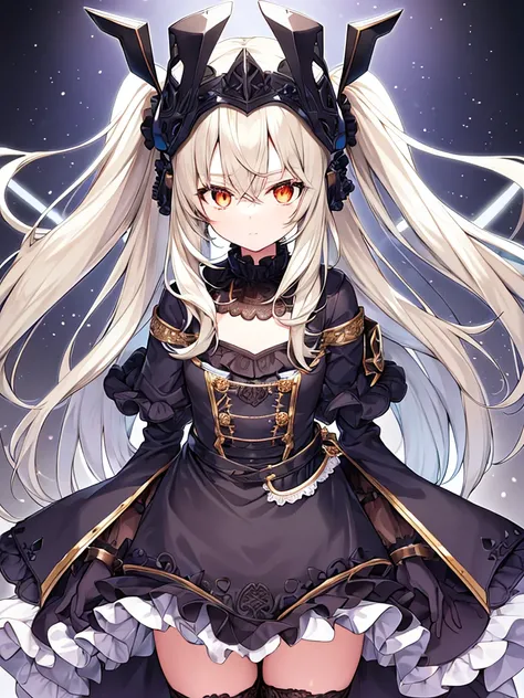 a small, humanoid figure with a cute, doll-like appearance, wearing a dark outfit with intricate details and accessories.

The characters attire includes:

Headgear: A dark headpiece, possibly a hat or hood, with decorations.
Top: A dark, long-sleeved top ...