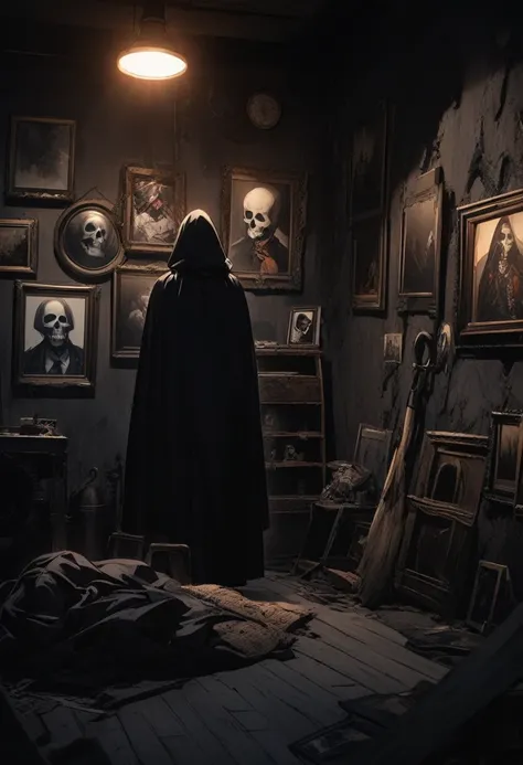 Dark room, picture of the grim reaper on the wall, 