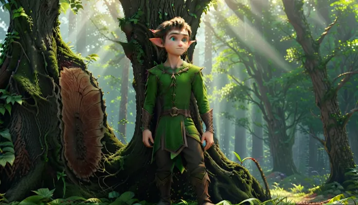 A stunning 3D scene，A male elf standing at the foot of a large tree，Head raised。HD，4K，high quality。