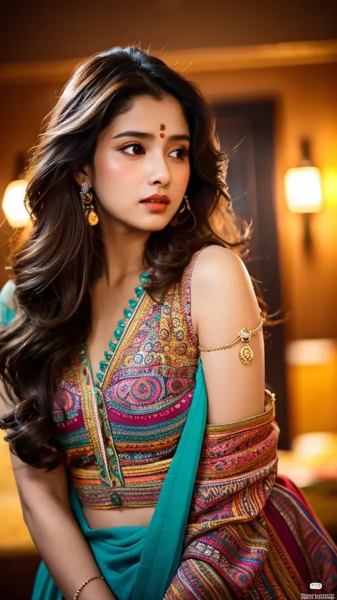 a sultry Indian woman with long wavy brown hair,beautiful face,wearing a colorful intricate tribal inspired outfit,feeling longing and separation,ultra-detailed,photorealistic,vivid colors,dramatic lighting,cinematic composition,masterpiece, mild nsfw