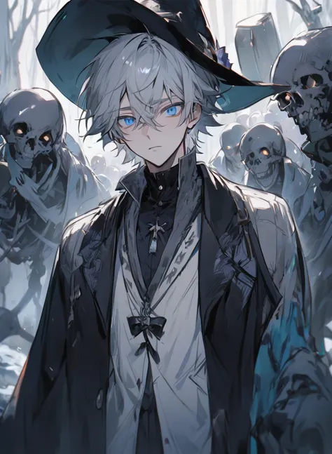 young man ,Male Dark, dark Woods, cold colors, man white hair with blue eye, Warlock dnd , Skeleton army in background, calm face expression