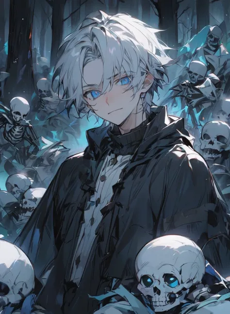 young man ,Male Dark, dark Woods, cold colors, man white hair with blue eye, Warlock dnd , Skeleton army in background, calm face expression