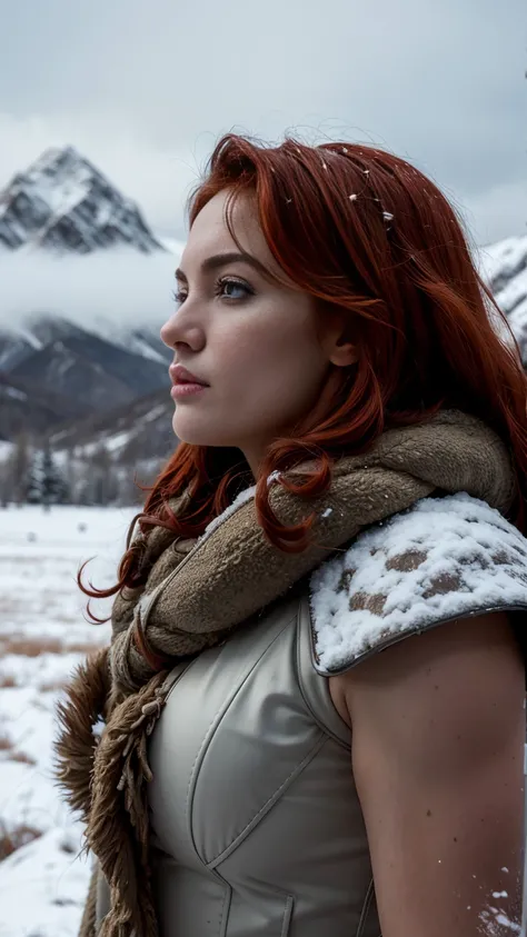 (Highest quality, Ultra HD, 16k, Masterpiece) Red Sonja, the fierce and legendary warrior, stands near a towering, snow-capped mountain. The shot is a close-up, capturing the intensity and determination in her eyes. Her iconic armor is fully visible, with ...