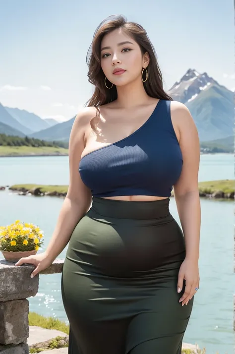 ((Best Quality, 8K, Masterpiece: 1.3)), Chubby woman smile  ((best quality)), ((masterpiece)), (detailed), perfect face, USA woman fat in a dark-blue shirt and blue denim skirt walking down a street, thicc, she has a jiggly fat round belly, bbwchan, wearin...