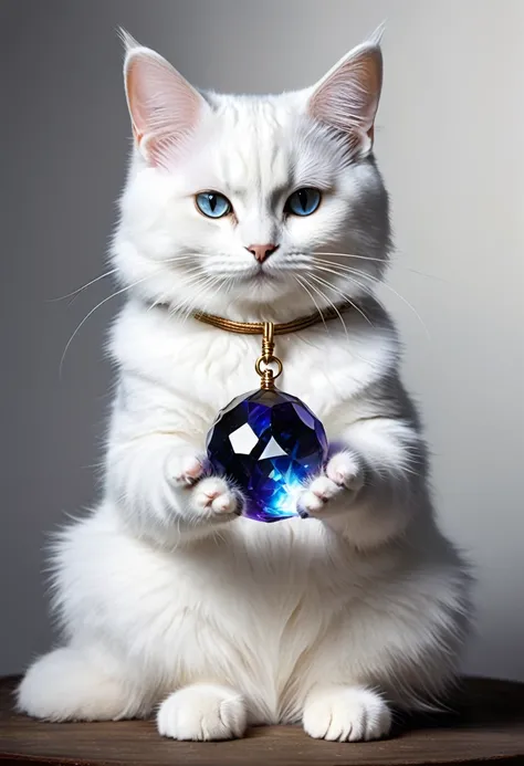 Draw me a magician cat who sits and holds a crystal transparent white sorcerer’s ball in his paws