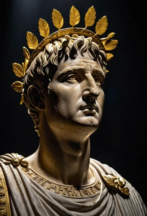 Full view of an Augustus Caesar roman statue with a golden Laurel Wreath on top of its head, highlighted with a spotlight and dark background