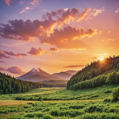 A beautiful sunset over a mountain surrounded by a forest and a field 