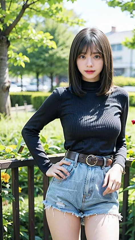 (8k、RAW Photos、Highest quality、masterpiece:1.2)、(Realistic、Realistic)、1 Girl、((mini skirt、Bodysuits、black and white knit tube top、boots、garden、View from the front、Looking at the camera、belt、Hands on your hips))、cute