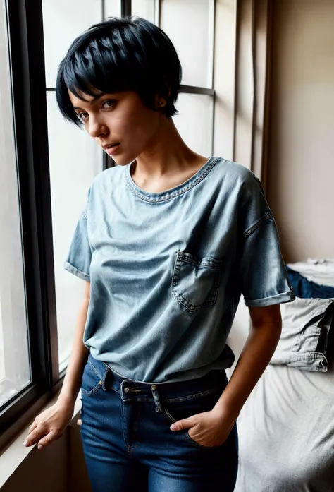 A woman with short black hair, dressed in a jean with a t-shirt that she wants to show off. ((capturing her entire body)) (hands in the pockets) She is in a bright, modern bedroom, with large windows that let in natural light.
