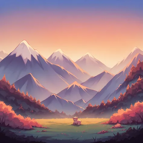 A beautiful sunset over a mountain surrounded by a forest and a field 