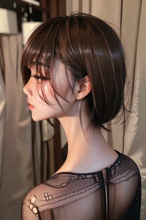 1 sexy Japanese girl , star eye, blush, perfect lighting, short black hair, greeneyes, side lighting, face detailed, bangss, shining skin, detailed back ground, black clothing, Parading 