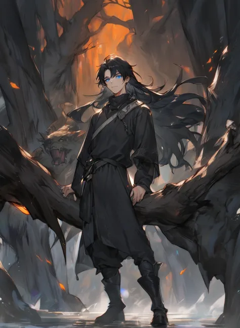 young man ,Male Dark, dark Woods, dark black colors, monk dnd, man black hair with blue eye