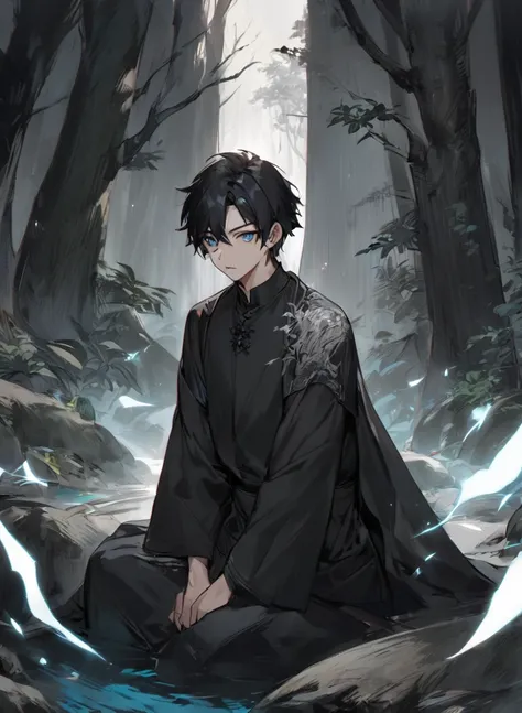 young man ,Male Dark, dark Woods, dark black colors, monk dnd, man black hair with blue eye