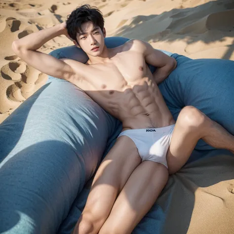 Handsome korean boy, shirtless in a beach