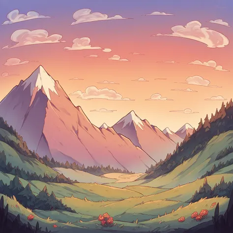 A beautiful sunset over a mountain surrounded by a forest and a field 