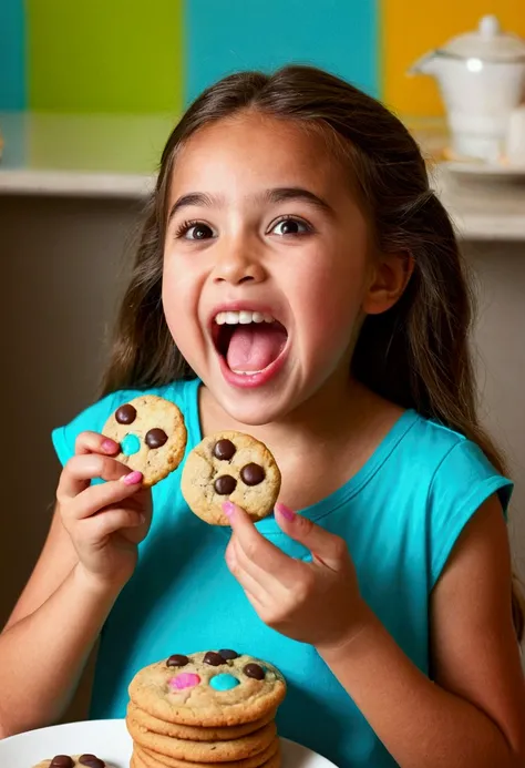 a girl picking a cookie in hands trying to eat and making a happy face