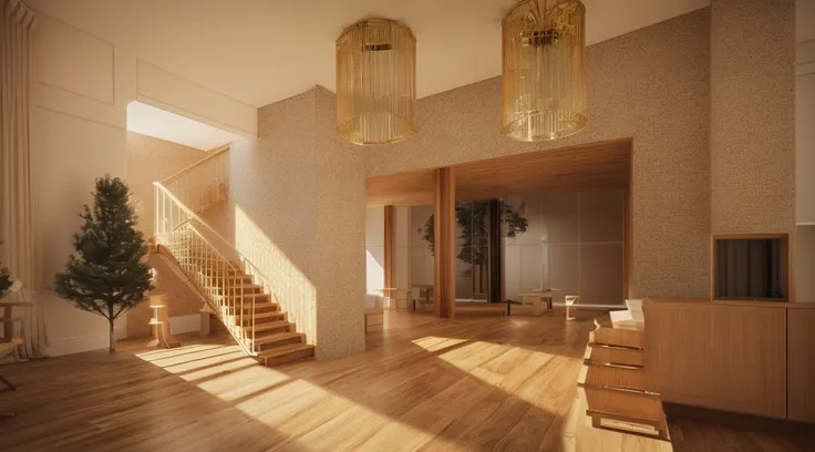 there is a room with a staircase and a table and chairs, vue render, low angle dimetric rendering, enscape render, cg rendering, rendered in enscape, high detail render, 3 d rendering, 3d rendering, semi - realistic render, 3d rendered model, vue 3d render...