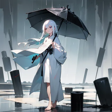 Girl，White robe that can touch the ground，Right，Long waist-length white hair，Barefoot，Holding a black oil-paper umbrella，Standing in the rain