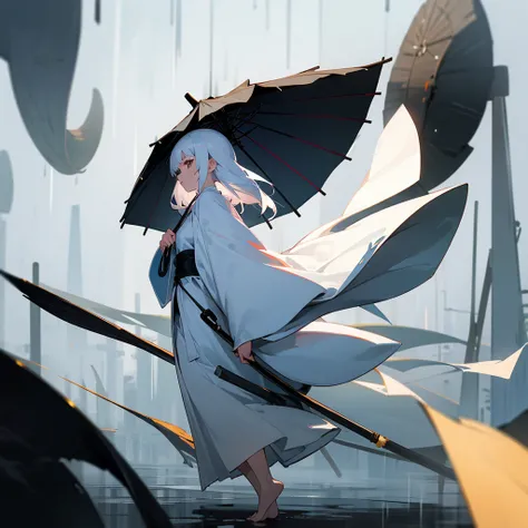 Girl，White robe that can touch the ground，Right，Long waist-length white hair，Barefoot，Holding a black oil-paper umbrella，Standing in the rain