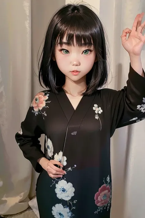 a young Japanese girl in dark clothes , greeneyes, bangss , star eye