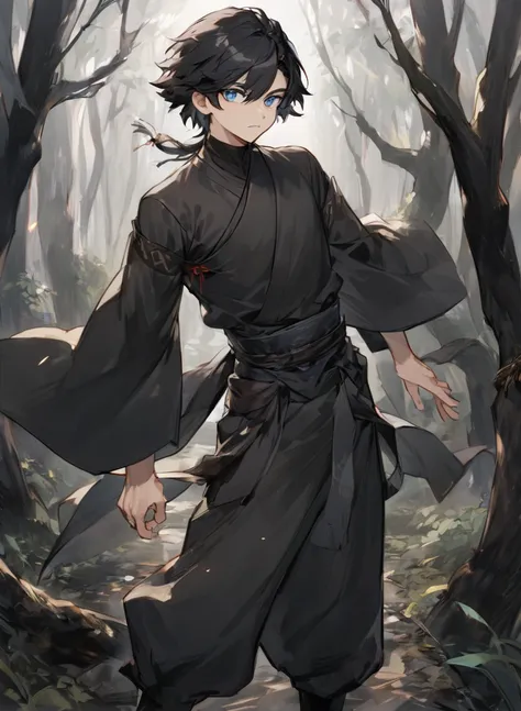 young man ,Male Dark, dark Woods, dark black colors, monk dnd, man black hair with blue eye, shinobi costume style