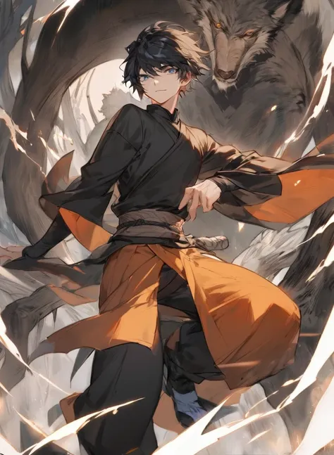 young man ,Male Dark, dark Woods, dark black colors, monk dnd, man black hair with blue eye, shinobi costume style