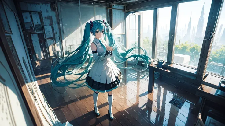 Hatsune Miku wanders through the corridors of time、A fantastical illustration depicting a scene where fragments of the past, such as faded photographs, are picked up.。