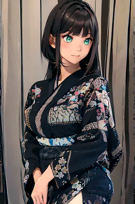 a young Japanese girl in dark clothes , greeneyes, bangss , star eye