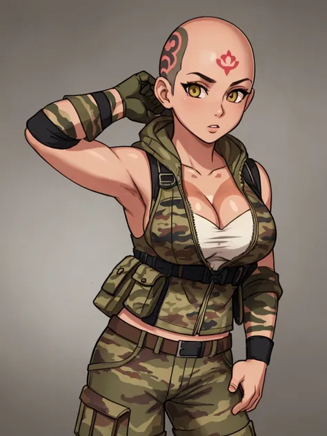 An image of a busty female soldier, bald, gorgeous, head tattoo, (cleavage), camo vest, hotpants, jungle, (detailed skin complexion:1.2), best quality, vivid color, rtx shading effect, ambient occlusion, highly detailed textures