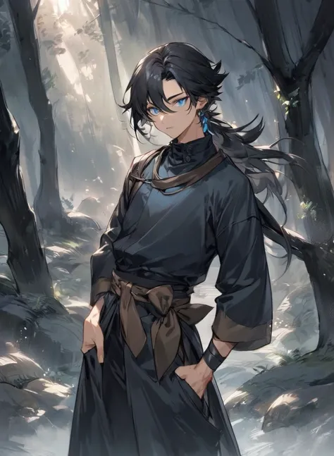 young man ,Male Dark, dark Woods, dark black colors, monk dnd, man black long hair with blue eye, shinobi costume style