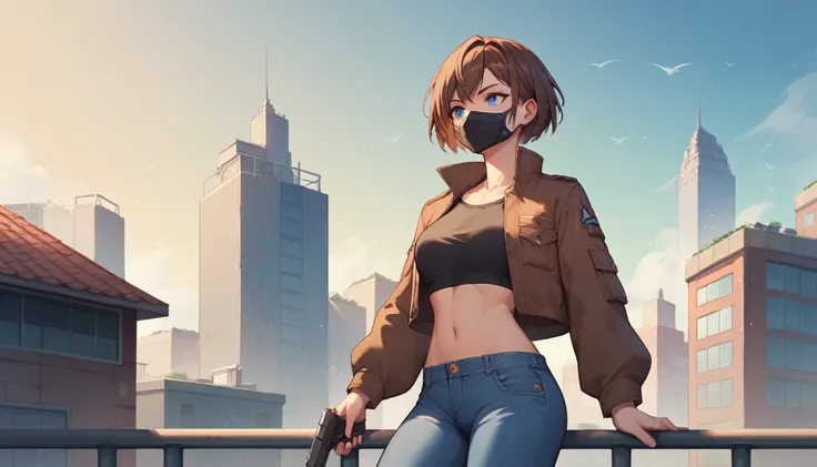 A girl wearing mask, brown short hair, a pistol in his hands, wearing a synthetic black crop top with a brown jacket and blue jeans, blue eyes, standing on a rooftop,centre of image,seeing towards viewers,half body shot,large image of girl.