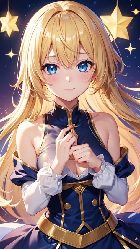 High resolution, Highest quality, Shortcuts, chest, smile, Close-up, Hair ties, Sparkle Effect, anime, anime風, Character Design, One girl, bangs, blue eyes, Blonde, 