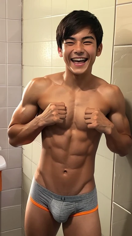 Japanese men、14 years old、Muscles and smooth skin、Very short black hair、A relaxed and friendly smile、Orange thin boxer briefs、The whole body is well visible、Fist pump in the bathroom、Laughing with mouth open、