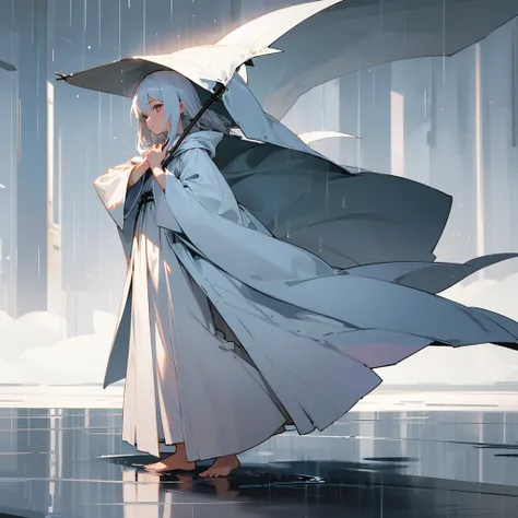 Girl，A white robe with a hood that touches the ground，Right，Long waist-length white hair，Barefoot，Standing in the rain