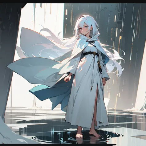 Girl，A white robe with a hood that touches the ground，Right，Long waist-length white hair，Barefoot，Standing in the rain