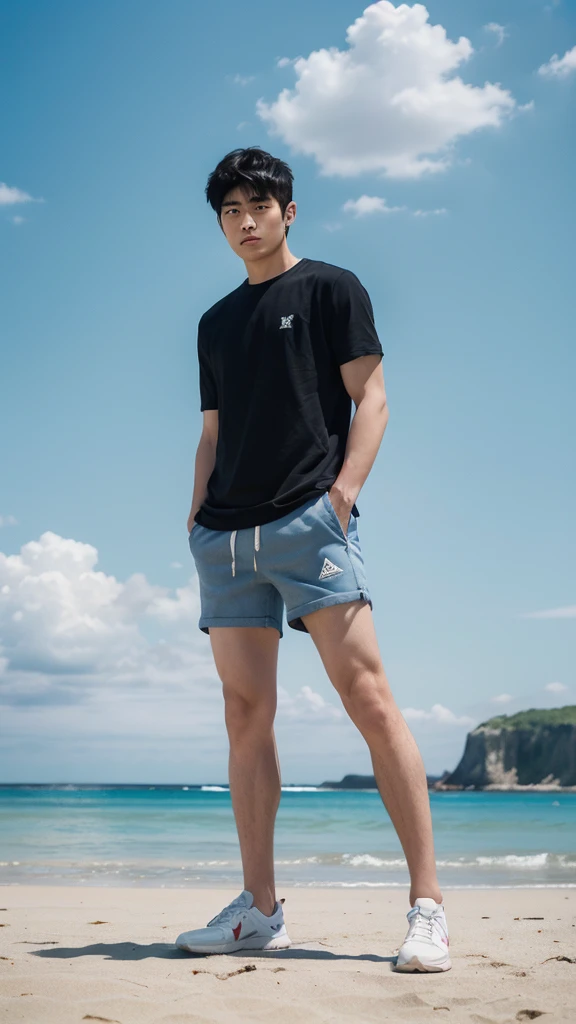 (super sharp focus), (Hairy legs), (((full body))), Japanese man, twenty years old, very short hair, Black Hair, Wearing shorts, sitting, Drawing of a muscular young man, The young man is a high school student with long bangs., Showing off her huge muscula...