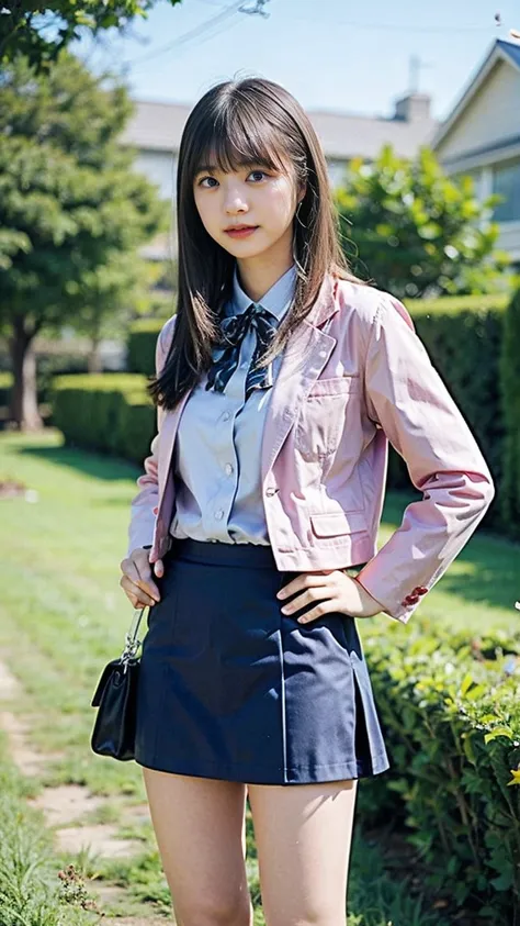 (8k、RAW Photos、Highest quality、masterpiece:1.2)、(Realistic、Realistic)、1 Girl、((mini skirt、whole body、Pink Blazer、チェック uniform、Navy Socks、loafers、garden、View from the front、Looking at the camera、Hands on your hips))、cute