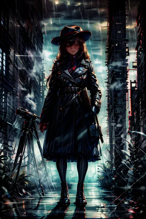 best quality, masterpiece,Girl, detective, loupe, hat, trench coat, magnifying glass, notebook, pen, mystery, night, street lamp, shadow, retro, vintage, binoculars, London, rain, fog, darkness, suspense, evidence, alibi, deduction, silhouette, crime scene...