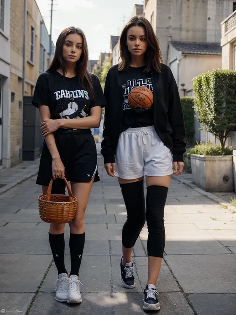 2 jolies femmes, une femme avec les cheveux noirs, lautre femme avec les cheveux bruns, en tenue de basketball, avec un ballon de basket, avec un panier de basket derrière, short et t shirt de basket