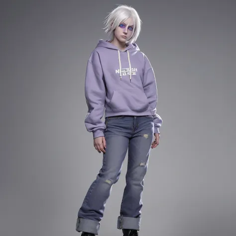 White hair, purple right eye, red left eye, hoodie over , open front of hoodie, short hair, cute sleeves, purple halo, grey boots, denim jeans, expressionless, shotgun sling hanging from shoulder, heterochromatic eyes, 16 years old, 140cm tall, , 1 person,...