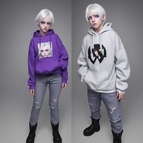 White hair, purple right eye, red left eye, hoodie over , open front of hoodie, short hair, cute sleeves, purple halo, grey boots, denim jeans, expressionless, shotgun sling hanging from shoulder, heterochromatic eyes, 16 years old, 140cm tall, , 1 person,...