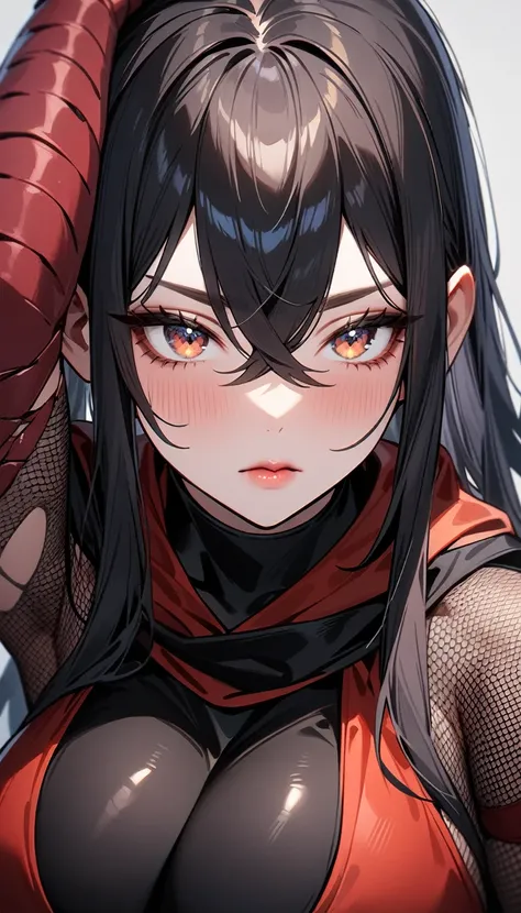 1girl,solo,super detailed skin,shiny skin,gleaming skin,detailed face,expressionless,black hair,long hair,crossed bangs,deep detailed eyes,eyelashes,lips gloss,large breasts,body suit,Shinobi clothes,fishnet arms,standing ,dark magic,simple background ,mas...