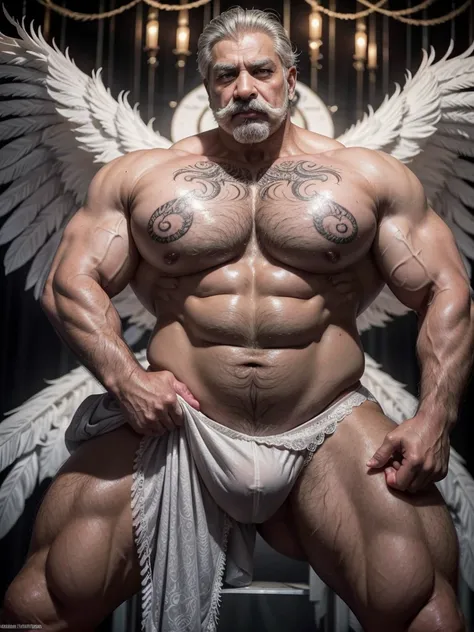 Hyperrealistic image of a gray-haired Indian superhero burlesque dancer with two huge symmetrical swan wings very old and very sweaty bodybuilder over 80 years old very muscular and fat more than 200 kilos with a naked torso large and flaccid pectorals bro...