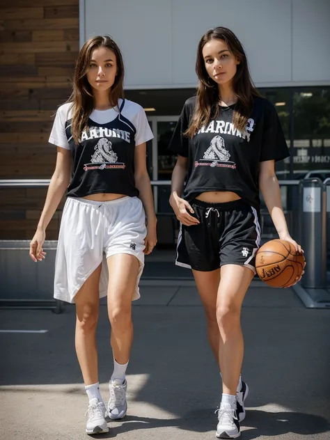 2 jolies femmes, une femme avec les cheveux noirs, lautre femme avec les cheveux bruns, en tenue de basketball, avec un ballon de basket, avec un panier de basket derrière, short et t shirt de basket, les 2 femmes se regardent dans les yeux