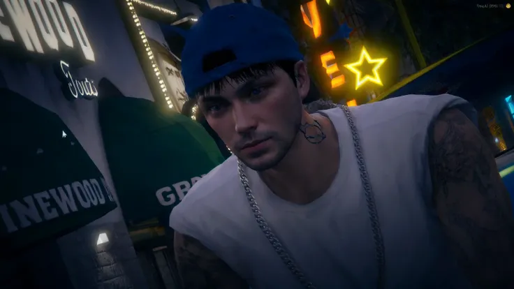 there is a man with a blue hat and a chain around his neck, photo-realistic low lighting, realistic